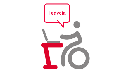 Logo projektu - osoba na wózku przy stanowisku komputerowym. W chmurce napis: I edycja. Na samej gorze grafiki logotypy unijne